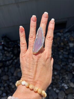 Long Lavender Agate Statement Ring with Gold Edge